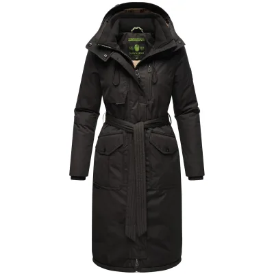 NAVAHOO Damen Wintermantel lang Parka warm Jacke mit Bindegürtel, Kapuze & Kragen Hokulanii