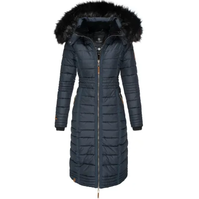 NAVAHOO Damen Wintermantel langer Winter Steppmantel mit Kunstfellkapuze Umay