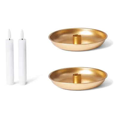 Novaliv 2er-Set Stabkerzenhalter 13cm Metall rund Tafelkerzen Gold matt mit flackernder LED Premium Kerze batteriebetrieben Kerzenpick Kerzenteller Dekoschale Weihnachten scandic chic Kerzenhalter