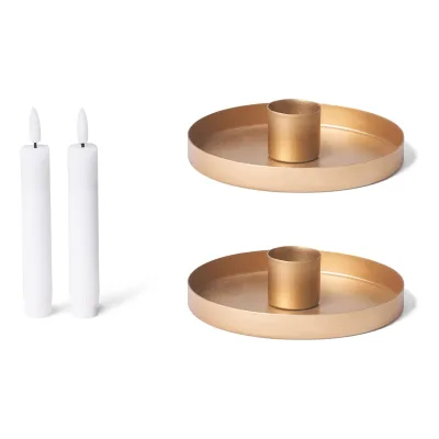 Novaliv 2er-Set Stabkerzenhalter 14cm Metall rund Tafelkerzen Gold matt Kerzenhalter mit Echtwachs LED-Kerze Premium Flackereffekt Weihnachtsdekoration Candle Holder Weihnachten scandic chic