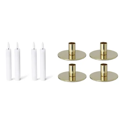 Novaliv 4er-Set Stabkerzenhalter Metall Gold 10x5cm mit LED Kerzen flammenlose Stabkerzen elektrisch batteriebetrieben Home Deko weihnachtliche Tischdeko Kerzenständer Kerzenhalter Dekoschale