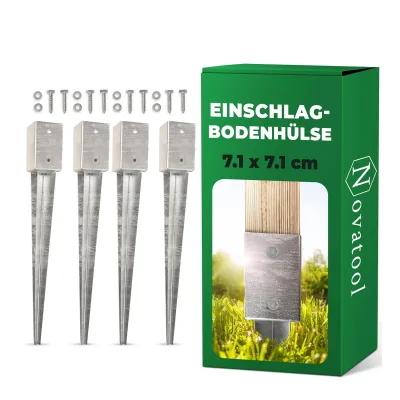 Novatool 4x Einschlagbodenhülsen-Set 71x71x750 mm , Bodenhülse Sonnenschirm Pfostenträger Zaunpfosten Holzpfosten Bodenhülsen Einschlaghülse Bodenanker Erdspieß zum Einschlagen , verzinkt , mit Schrauben