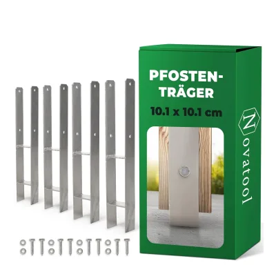 Novatool 4x Einschlagbodenhülsen-Set H-Form 101x101x600 mm , Bodenhülse Sonnenschirm Pfostenträger Zaunpfosten Holzpfosten Bodenhülsen Einschlaghülse Erdspieß zum Einschlagen , verzinkt , mit Schrauben