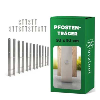 Novatool 6x Einschlagbodenhülsen-Set H-Form 91x91x600 mm , Bodenhülse Sonnenschirm Pfostenträger Zaunpfosten Holzpfosten Bodenhülsen Einschlaghülse Erdspieß zum Einschlagen , verzinkt , mit Schrauben