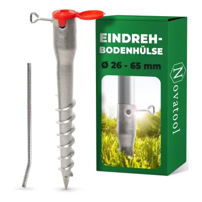 Novatool Eindrehbodenhülsen-Set für Rohre mit Ø 26-65 mm , Bodenhülse Sonnenschirm Pfostenträger Einschraubhülse Boden Schraubhülse , Alternativ zu Bodeneinschlaghülse Einschlagbodenhülse