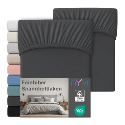 NYVI Feinbiber Spannbettlaken Deluxe für Matratzen bis 25 cm Steghöhe - Extra Warm & Weich, 100% Baumwolle, Bügelfrei, Vorgekrumpft Farbe:Anthrazit;Größe:180x200 cm (2er Set)