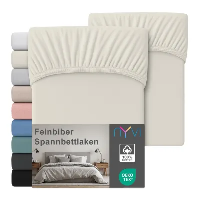 NYVI Feinbiber Spannbettlaken Deluxe für Matratzen bis 25 cm Steghöhe - Extra Warm & Weich, 100% Baumwolle, Bügelfrei, Vorgekrumpft Farbe:Creme;Größe:200x200 cm (2er Set)