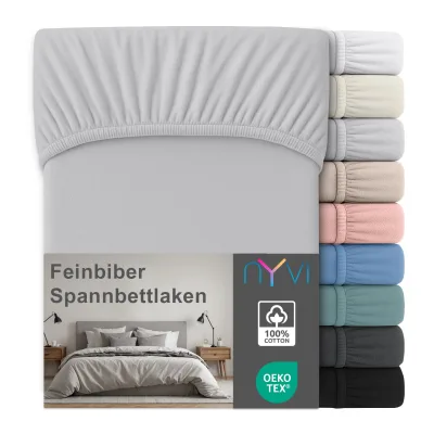 NYVI Feinbiber Spannbettlaken Deluxe für Matratzen bis 25 cm Steghöhe - Extra Warm & Weich, 100% Baumwolle, Bügelfrei, Vorgekrumpft Farbe:Silber;Größe:100x200 cm