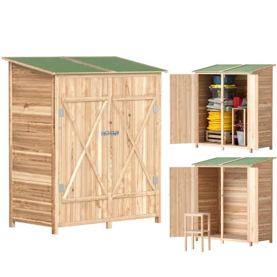 Outsunny Gartenschrank Holz, Geräteschuppen wetterfest 140 x 75 x 157cm Natur