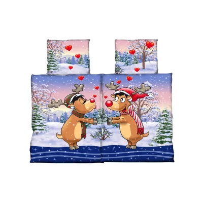 Partnerbettwäsche 155 x 220 cm + 80 x 80 cm - Fleece-Bettwäsche mit Rentiermotiv