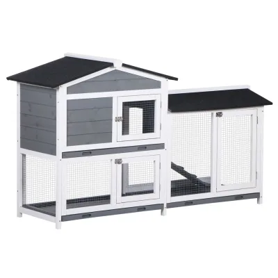 PawHut Hasenstall Kaninchenstall mit Freilaufgehege Rampe Kleintierstall aus Holz Grau