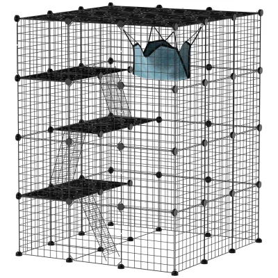 PawHut Katzenkäfig für Drinnen 4-stöckig Katzengehege mit dicht Metalldraht Hängematte
