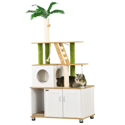 PawHut Kratzbaum mit Katzenklo-Schrank, 2-in-1 160 cm Katzenbaum mit Katzenhaus