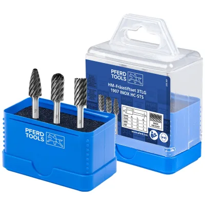 PFERD TOOLS Hartmetall Hochleistungsfrässtift Set 1907 INOX 3-tlg Ø 12mm Schaft-Ø 6mm HICOAT beschichtet beschichtet für Edelstahl