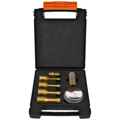 Projahn Diamantbohrer-Set M14 -selbstkühlend- Ø 6-8-10-14 mm inkl. 6-kant Adapter, Diamantfräser Ø 20 mm und Nachfüllwachs