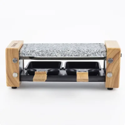 H.Koenig Raclettegerät Duo Multifunktion 2 Personen WOD2 Naturholzdesign, Herausnehmbarer Granitstein, 2 antihaftbeschichtete Pfännchen