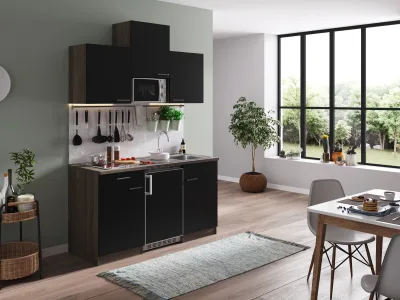 Respekta Küchenzeile KB150EYSMIC 150 cm Schwarz-Eiche York Nachbildung