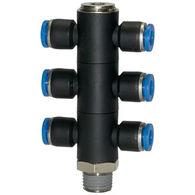 Riegler T-Mehrfachverteiler »Blaue Serie«, 6-fach, drehbar, R 3/8 a. Ø 8mm