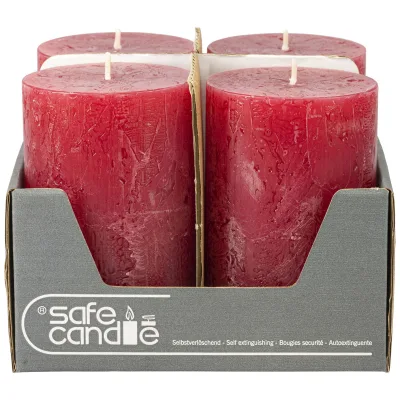 Safe Candle Stumpenkerzen 'Rustic', rubin, 4 Kerzen je Ø 7 x H 11 cm