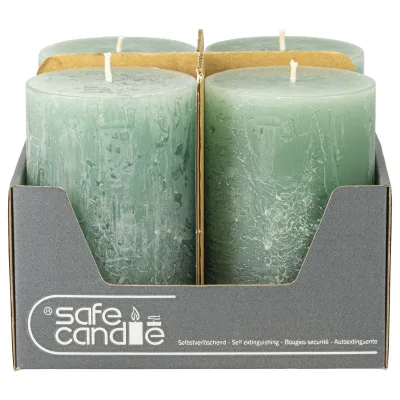 Safe Candle Stumpenkerzen 'Rustic', smaragd, 4 Kerzen je Ø 7 x H 11 cm