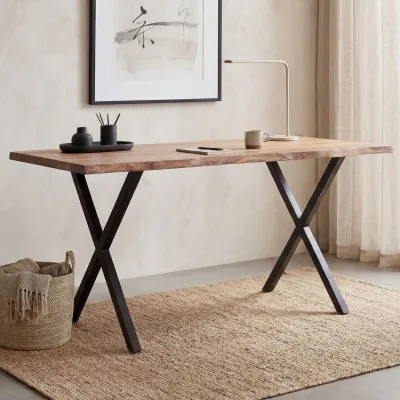 Schreibtisch FineBuy 120 cm Akazie Massivholz Bürotisch Computertisch Baumkante