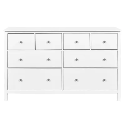 Sideboard Enoli 160 cm aus Kiefer-Massivholz, weiß lackiert, 8 Schubladen, Metallgriffe