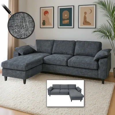 Sofa-Garnitur MCW-O71, Couch Sofa Ecksofa L-Form, Liegefläche links/rechts, Stoff/Textil Holz 84x229x140cm ~ dunkelgrau