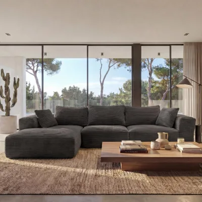 Sofa-Garnitur MCW-P20, 3-Sitzer Couch Loungesofa, Stoff/Textil Cord (370 g/m²) Liegefläche links ~ dunkelgrau
