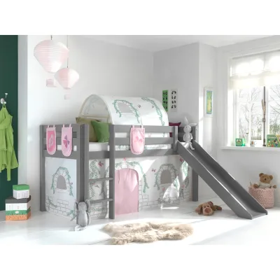 Spielbett Pino inkl. Rutsche mit Textilset Vorhang, Tunnel und 3 Taschen versch. Designs