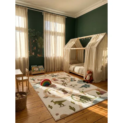 Spielteppich Waschbar TINO in Creme, mit Dino-Landschaft, 200 x 290 cm