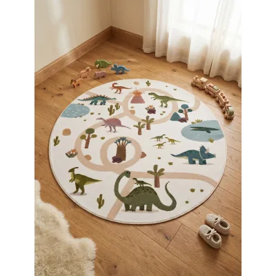 Spielteppich Waschbar TINO in Creme, mit Dino-Landschaft, Ø 160 cm
