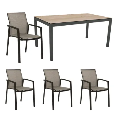 Stern 4x Stapelsessel Kari Textilen Leinen grau mit Stern Tischgestell Alu anthrazit 160x90 Tischplatte Dekor Oak light