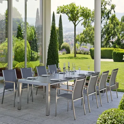 Stern Cardiff Edelstahl Set 8x Stapelstühle und Ausziehtisch Edelstahl Vierkantrohr 214(294)x100x75cm mit Tischplatte Dekor Smoky
