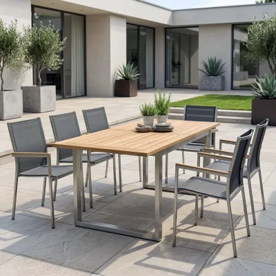 STERN Gartenmöbel Set Polaris mit 6 Stapelsesseln und Kufentisch 180x100 cm Edelstahl/Teak