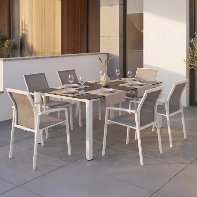 Stern KARI Aluminium Set 7-teilig Kari Aluminium weiß mit 6 Stapelsesseln und einem Ausziehtisch Penta 160/210x100 cm Dark Marble