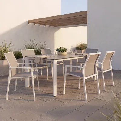 Stern KARI Aluminium Set 7-teilig Kari Aluminium weiß mit 6 Stapelsesseln und einem Ausziehtisch Penta 160/210x100 cm Slate stone