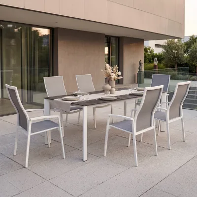 Stern KARI Aluminium Set 7-teilig Kari Aluminium weiß mit 6 Stapelsesseln und einem Ausziehtisch Penta 200/250x100 cm Metallic grau