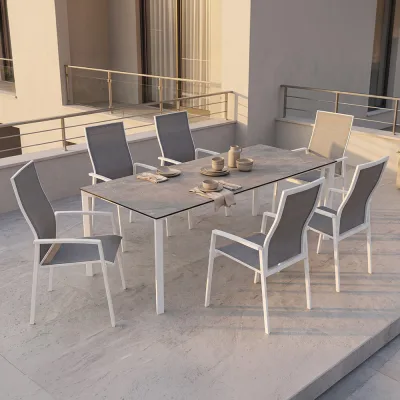 Stern KARI Aluminium Set 7-teilig Kari Aluminium weiß mit 6 Stapelsesseln und einem Ausziehtisch Penta 200/250x100 cm Slate stone