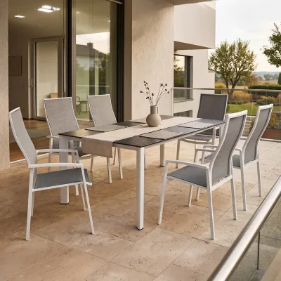 Stern KARI Aluminium Set 7-teilig Kari Aluminium weiß mit 6 Stapelsesseln und einem Ausziehtisch Penta 200/250x100 cm Slate
