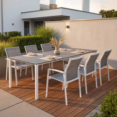 Stern KARI Set 7-teilig Kari Aluminium weiß mit 6 Stapelsesseln und einem Ausziehtisch Penta 200/250x100 cm Slate stone