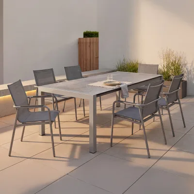 Stern VENTO Aluminium Set 7-teilig Vento Aluminium graphit mit 6 Stapelsesseln und einem Tisch Ausziehtisch 174/254x90cm smoky