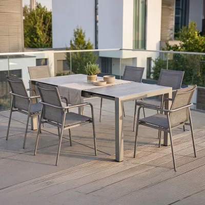 Stern VENTO Aluminium Set 7-teilig Vento Aluminium graphit mit 6 Stapelsesseln und einem Tisch Ausziehtisch 174/254x90cm Stone light