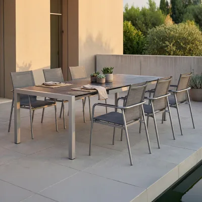 Stern VENTO Aluminium Set 7-teilig Vento Aluminium graphit mit 6 Stapelsesseln und einem Tisch Ausziehtisch 214/294x100 cm Dark marble