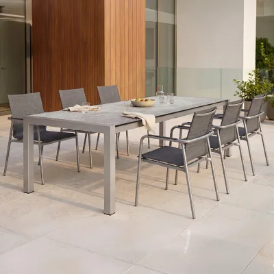 Stern VENTO Aluminium Set 7-teilig Vento Aluminium graphit mit 6 Stapelsesseln und einem Tisch Ausziehtisch 214/294x100 cm Slate stone