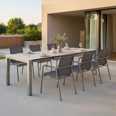 Stern VENTO Aluminium Set 7-teilig Vento Aluminium graphit mit 6 Stapelsesseln und einem Tisch Ausziehtisch 214/294x100 cm Stone light