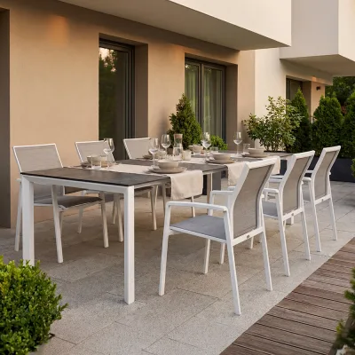 Sterrn KARI Aluminium Set 7-teilig Kari Aluminium weiß mit 6 Stapelsesseln und einem Ausziehtisch Penta 200/250x100 cm Dark Marble