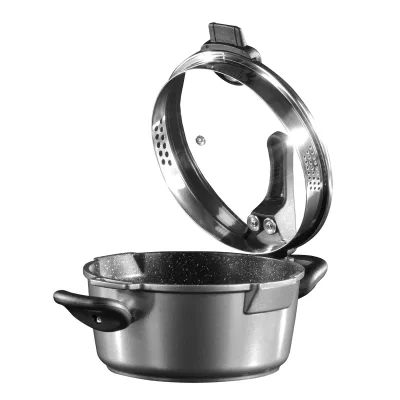 STONELINE® FUTURE Kochtopf 28 cm, mit Sieb-Glasdeckel, induktionsgeeignet, Aluguss, Antihaftbeschichtung mit echten Steinpartikeln