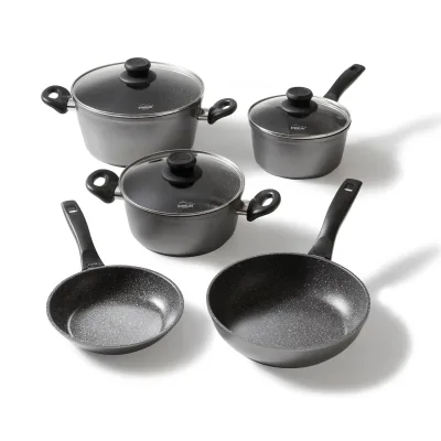 STONELINE Topfset Induktion, 8-teiliges Topfset mit Deckel, Kochtopf Set beschichtet mit echten Steinpartikeln, Aluguss Töpfe und Pfannen geeignet für alle Herdarten