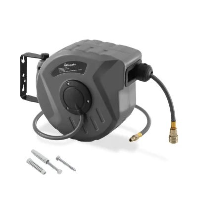 tectake® Druckluftschlauch mit Trommel, mit ¼ Zoll Schnellkupplung, Drehbereich 180°, inklusive Montagematerial