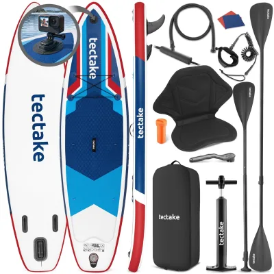 tectake® Stand Up Paddle Board, aus Drop-Stitch-Material, mit Kamerahalterung, verstellbares Doppelpaddel, Belastbarkeit 200 kg, inklusive Kajak-Sitz